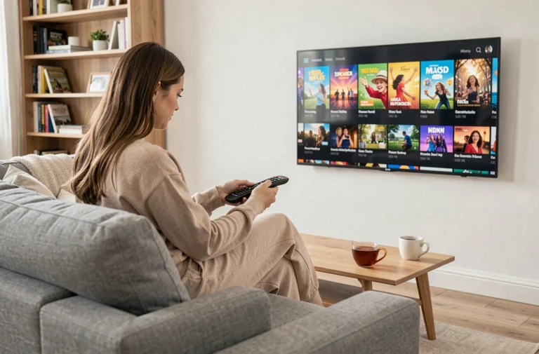 Femme abonnée à Disney Plus regardant du contenu sur sa télévision dans son salon moderne et confortable