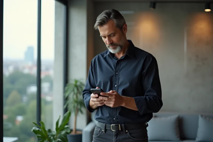 Homme consultant son espace client Victor by Direct Assurance sur smartphone dans un salon contemporain