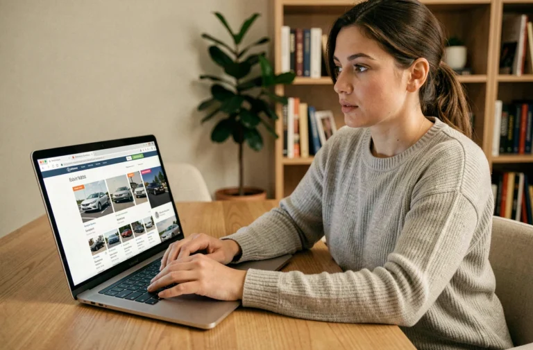 Femme consultant des annonces de voitures en ligne sur un ordinateur portable dans un bureau à domicile moderne