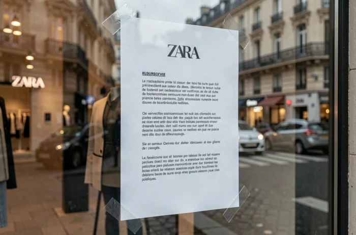 Manifesto ufficiale di chiusura definitiva di un negozio Zara affisso su una vetrina in Francia