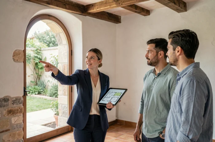 Agent immobilier conseillant des acheteurs dans une maison rénovée du Lot avec poutres apparentes et sol en tomettes