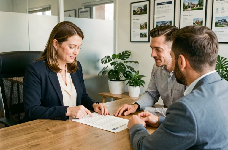 Agent immobilier professionnelle expliquant un contrat de location à un couple dans une agence moderne