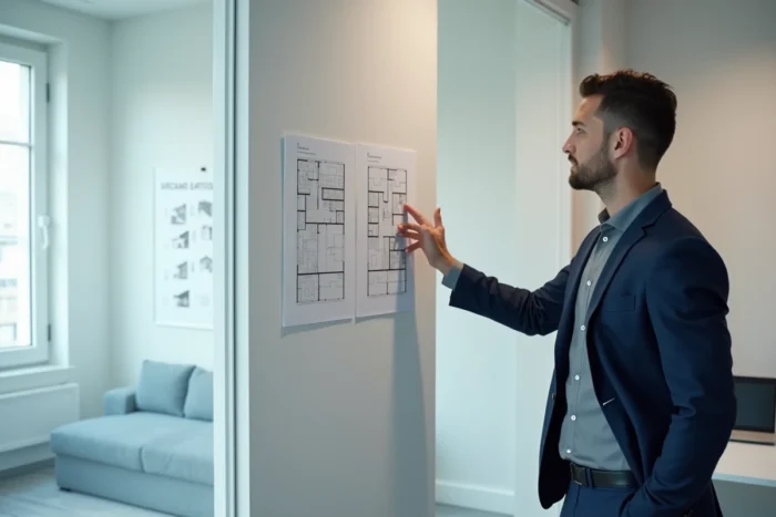 Agent immobilier présentant la différence entre un plan F2 et T2 dans une agence immobilière