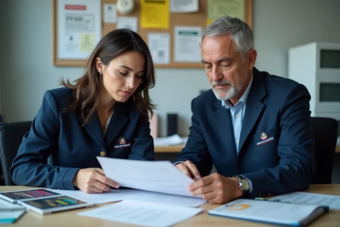 Deux agents de la RATP en uniforme consultant ensemble un accord d'entreprise dans un bureau des ressources humaines, illustration du dialogue social et du rôle du CSE