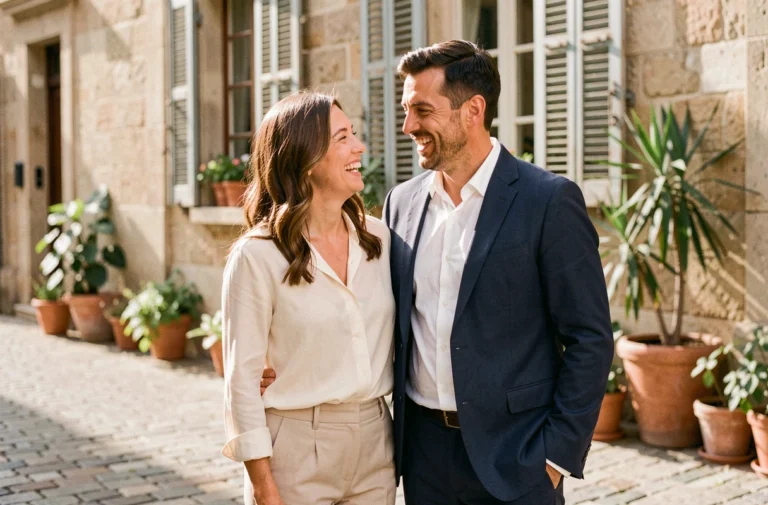 Alicia Dauby et son mari souriants ensemble dans une rue pavée européenne, photo de couple naturelle et chaleureuse