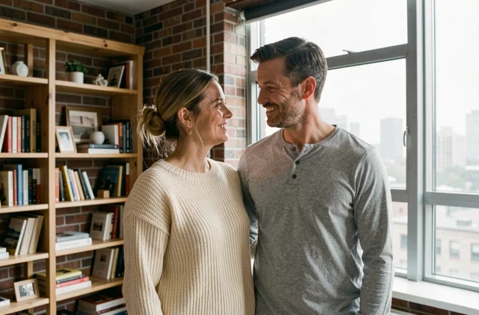 Alicia Dauby und ihr Mann, fotografiert in einer modernen Wohnung, authentisches und intimes Paarporträt