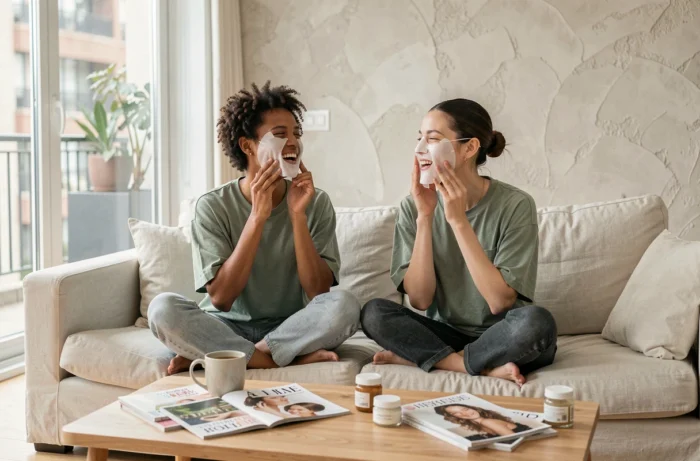 Deux amies souriantes portant des masques de soin pour le visage dans un salon moderne et lumineux