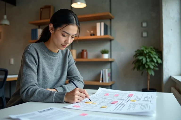 Une professionnelle analyse la structure d'un site web sur un diagramme annoté pour optimiser le référencement naturel