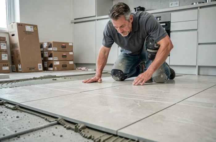 Artisan posant du carrelage grand format dans une cuisine en cours de rénovation