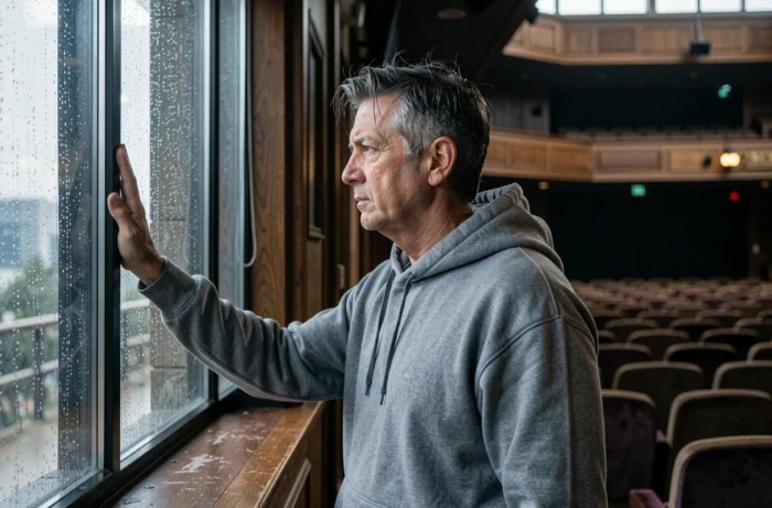 Artiste pensif devant une salle de concert vide sous la pluie, symbolisant une carrière interrompue par la maladie auto-immune