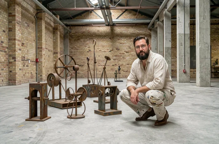 Artiste masculin dans un espace industriel entouré de sculptures en métal récupéré, galerie d'art alternatif