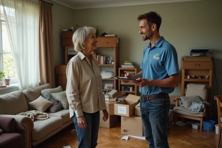 Une femme discute avec un bénévole d'une association lors d'une visite pour vider une maison encombrée