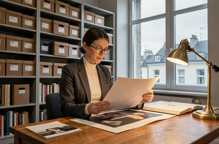 Astrée Lhermitte consultant des archives de ses œuvres majeures dans une salle de musée