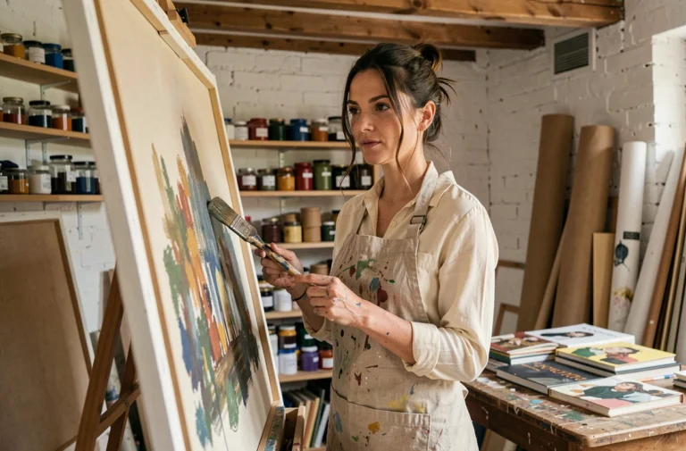 Artiste peintre Astrée Lhermitte dans son atelier parisien devant une grande toile en cours de création