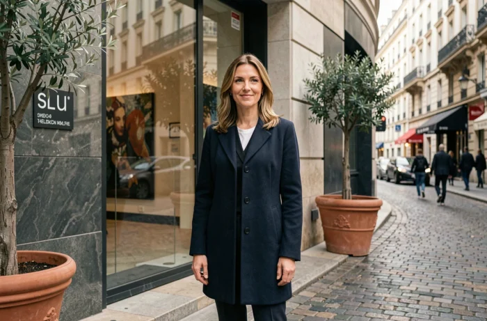 Astrée Lhermitte devant une galerie d'art contemporain à Paris, portrait éditorial en extérieur