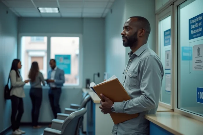 Homme attendant au guichet d'un service consulaire français avec ses documents administratifs