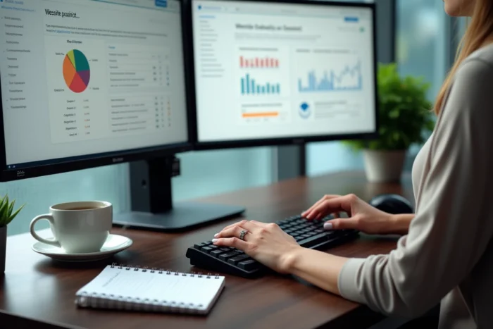 Des mains féminines saisissent des données d'audit SEO sur un ordinateur affichant des rapports de structure de site web