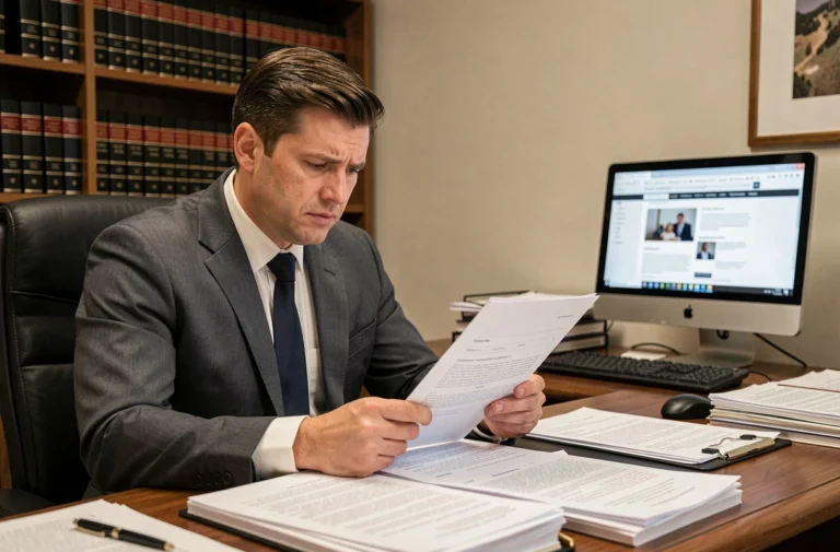 Avocat en costume gris analysant des documents juridiques liés aux risques légaux d'accès à des plateformes non autorisées