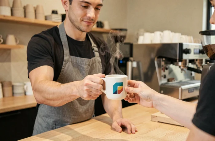 Barista remettant un gobelet personnalisé avec le logo d'une marque à un client dans un café minimaliste en bois clair