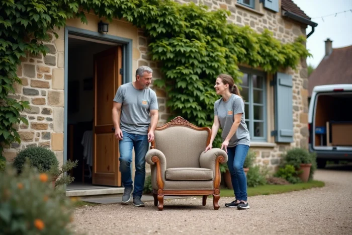 Des bénévoles d'une association transportent des meubles hors d'une maison lors d'une opération de vidage