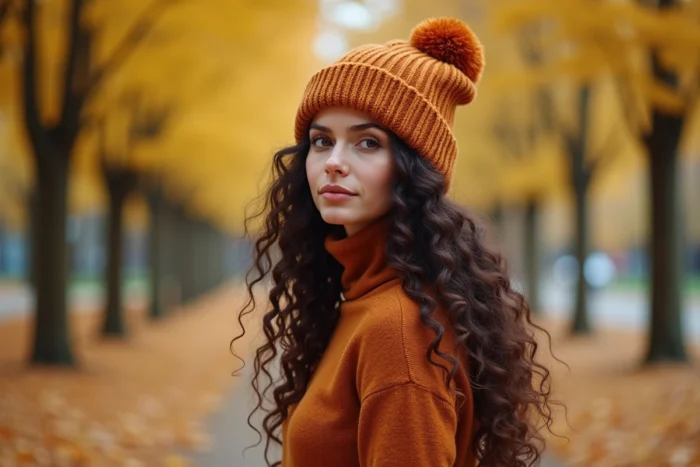 Femme aux longs cheveux bouclés portant un bonnet slouchy en laine terracotta posé librement sur la tête sans aplatir les boucles, dans un parc en automne