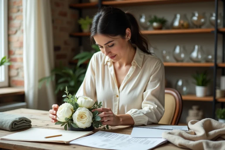 Femme organisant un budget décoration mariage avec fleurs et carnets de notes sur une table en bois rustique