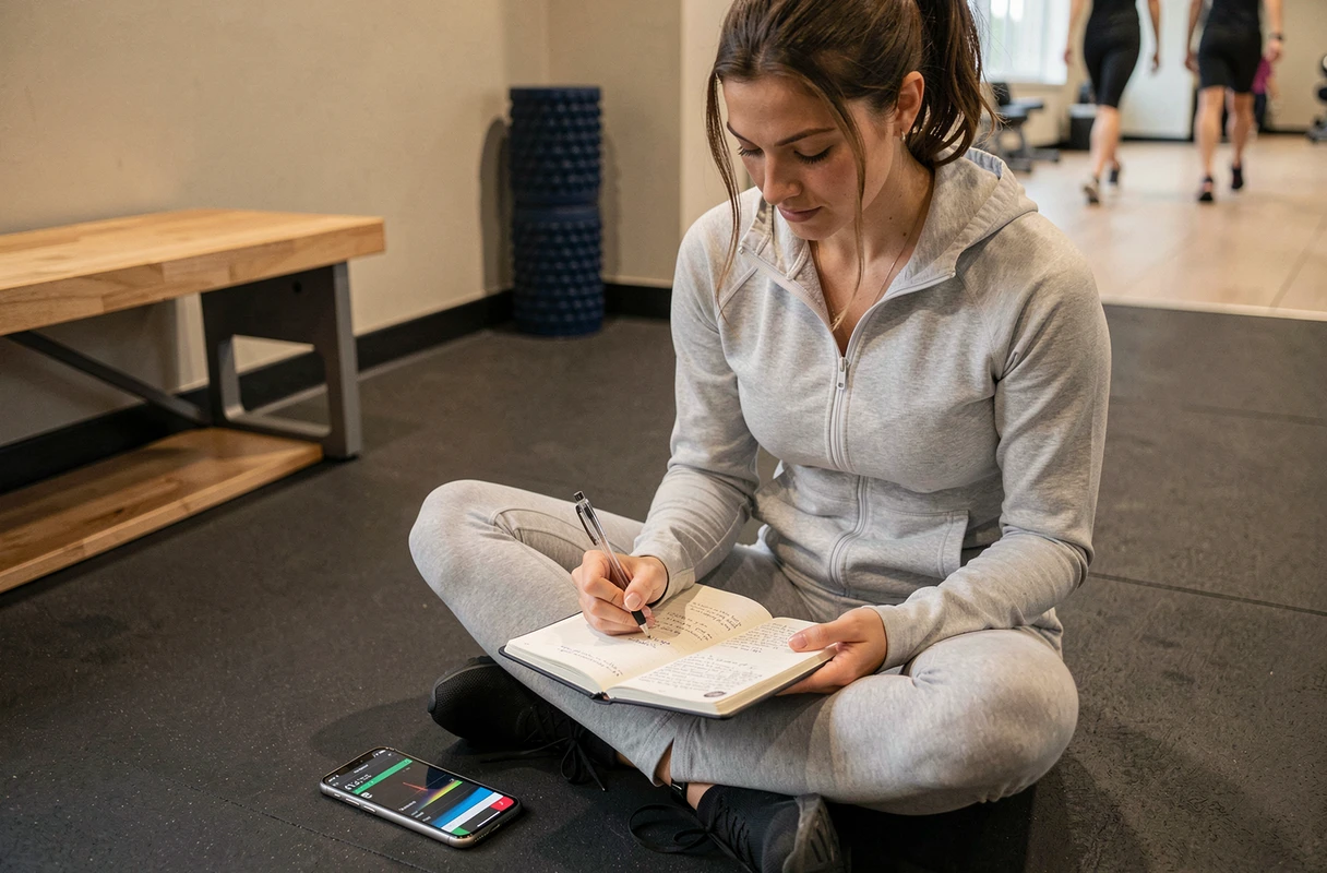 Une femme rédige ses données d'entraînement dans un carnet de suivi posé à côté d'une application de fitness sur smartphone après sa séance