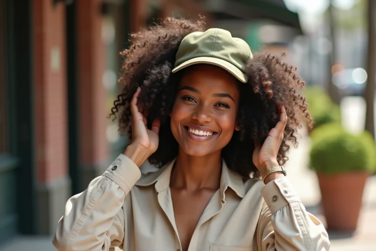 Jeune femme aux cheveux bouclés portant une casquette baseball vert olive ajustée haut sur la tête pour préserver le volume des boucles, en extérieur urbain
