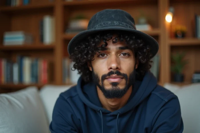 Homme aux cheveux bouclés épais portant un bob chapeau seau noir à large bord qui respecte le volume naturel des boucles, en intérieur moderne
