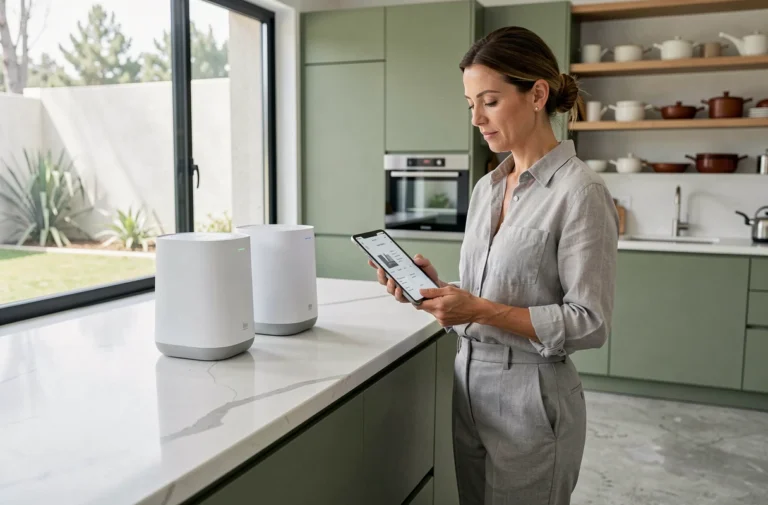 Femme comparant des équipements modernes pour maison connectée dans une cuisine contemporaine en linge et quartz