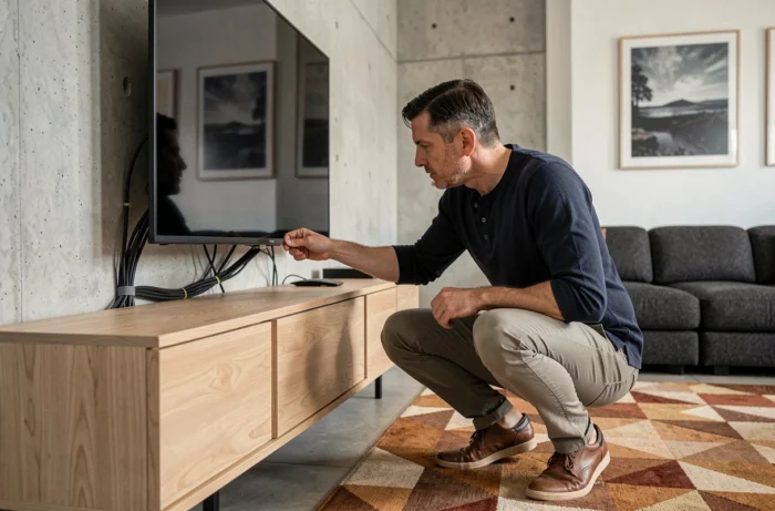 Mann, der die Anschlüsse eines Fernsehers in einem modernen Wohnzimmer mit hellen Holzmöbeln und Betonwand inspiziert