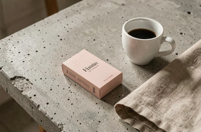 Paquet de cigarettes Vogue rose posé sur une table en béton brut avec une tasse à espresso en céramique blanche