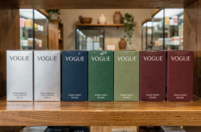 Rangée de paquets de cigarettes Vogue en différentes couleurs exposés sur une étagère en bois dans un bureau de tabac