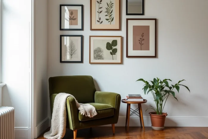Coin salon décoré avec un mur de cadres galerie, un fauteuil en velours olive et des plantes vertes dans un appartement urbain chaleureux