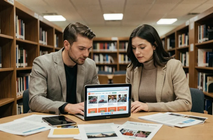 Duas pessoas colaborando em uma biblioteca pública para encontrar dicas para obter um computador gratuito