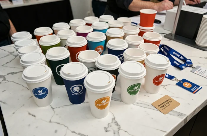 Collection de gobelets personnalisés aux logos de marques variés disposés sur un comptoir en marbre lors d'un événement d'entreprise
