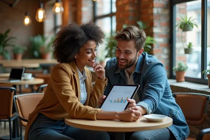 Deux collègues discutant d'un plan d'investissement sur une tablette dans un espace de coworking