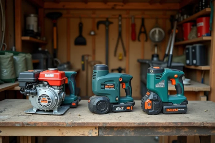 Comparaison de trois modèles de débroussailleuses thermique, électrique et sans fil posés sur un établi en bois dans un cabanon de jardin