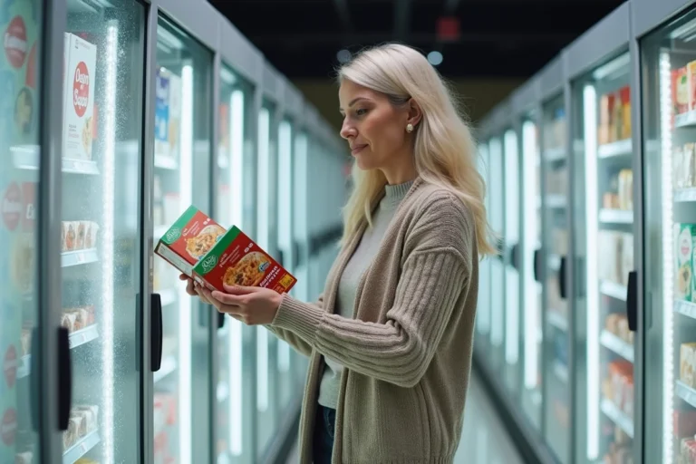 Femme comparant deux boîtes de surgelés Picard et Thiriet dans le rayon d'un supermarché