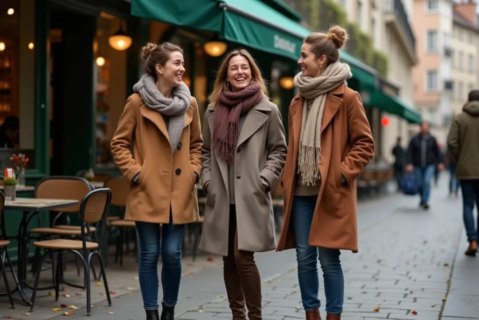 Trois femmes françaises de tailles différentes dont une mesurant 1m55, attablées en terrasse à Lyon, illustrant la comparaison de taille féminine en France