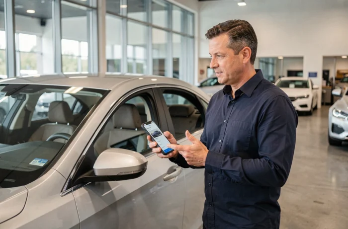 Mann vergleicht online Informationen auf seinem Smartphone vor einem Auto in einem Autohaus