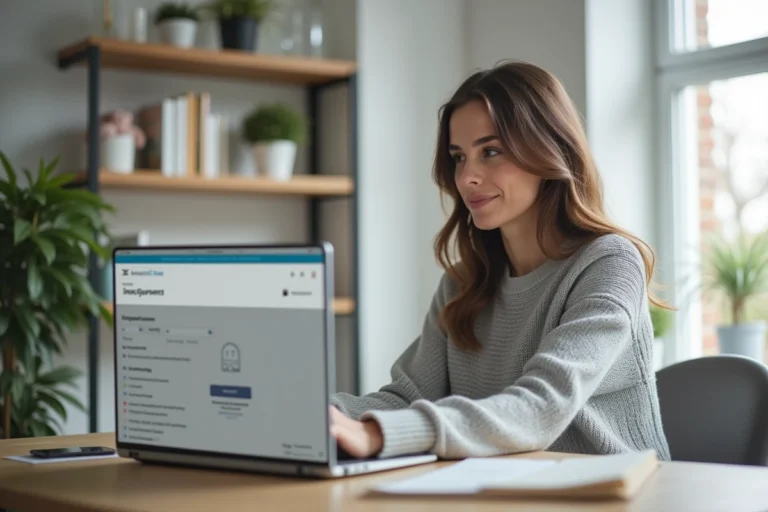 Femme connectée à son espace client assurance Victor sur un ordinateur portable dans un bureau à domicile moderne