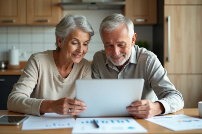 Couple consultant des documents locatifs imprimés et l'espace client MyFoncia en ligne depuis leur cuisine