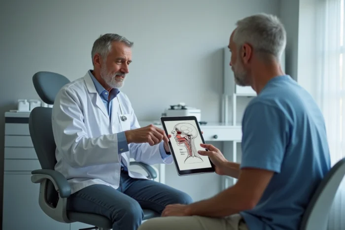 Patient consultant un médecin pour traiter sa ronchopathie et trouver des solutions contre le ronflement