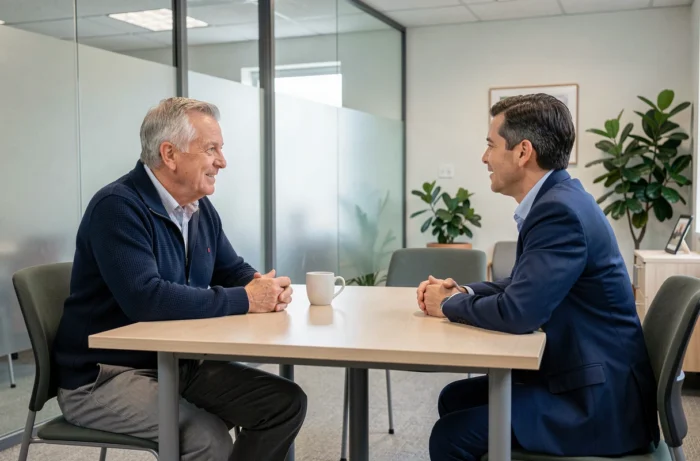 Homme senior en consultation avec un conseiller Libre d'Agir pour améliorer son autonomie au quotidien