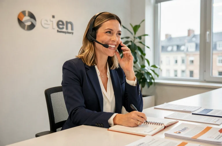 Femme professionnelle souriante au bureau de réception répondant au téléphone pour contacter Brussels Sunshine