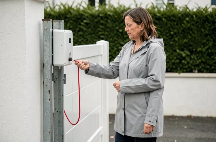 Femme utilisant le cordon de débrayage d'urgence d'un portail battant automatique en cas de panne