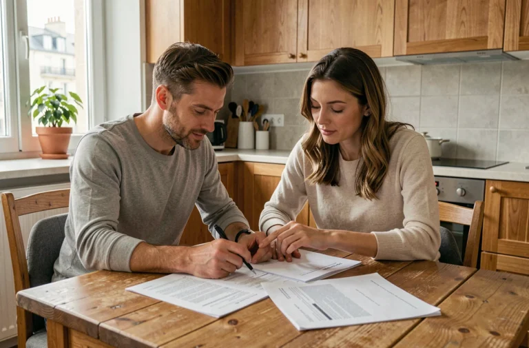 Couple examinant des documents d'assurance prêt immobilier à leur table de cuisine