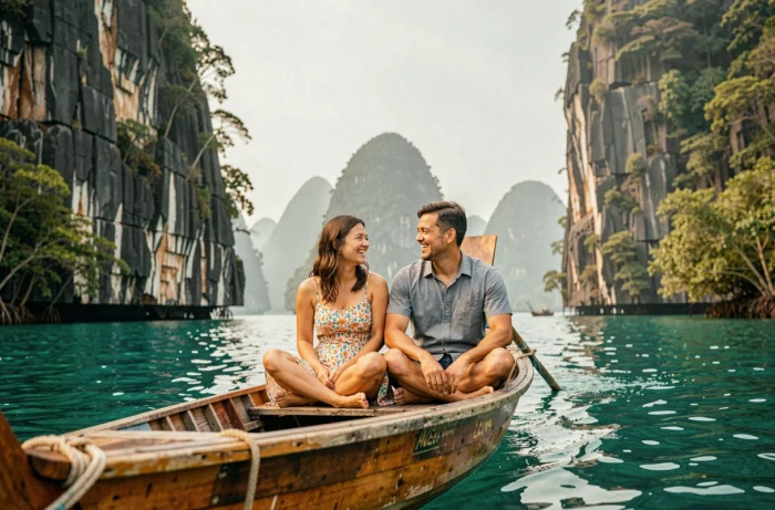 Couple en excursion en bateau traditionnel dans la baie de Phang Nga en Thaïlande, entouré de falaises calcaires et d'eaux émeraude