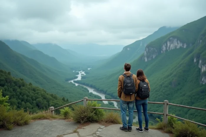 Couple de voyageurs admirant un panorama de vallée verdoyante et de montagnes depuis un belvédère